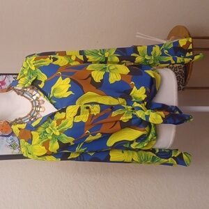 Tropical Floral Tie-Front Blouse - Blue & Yellow